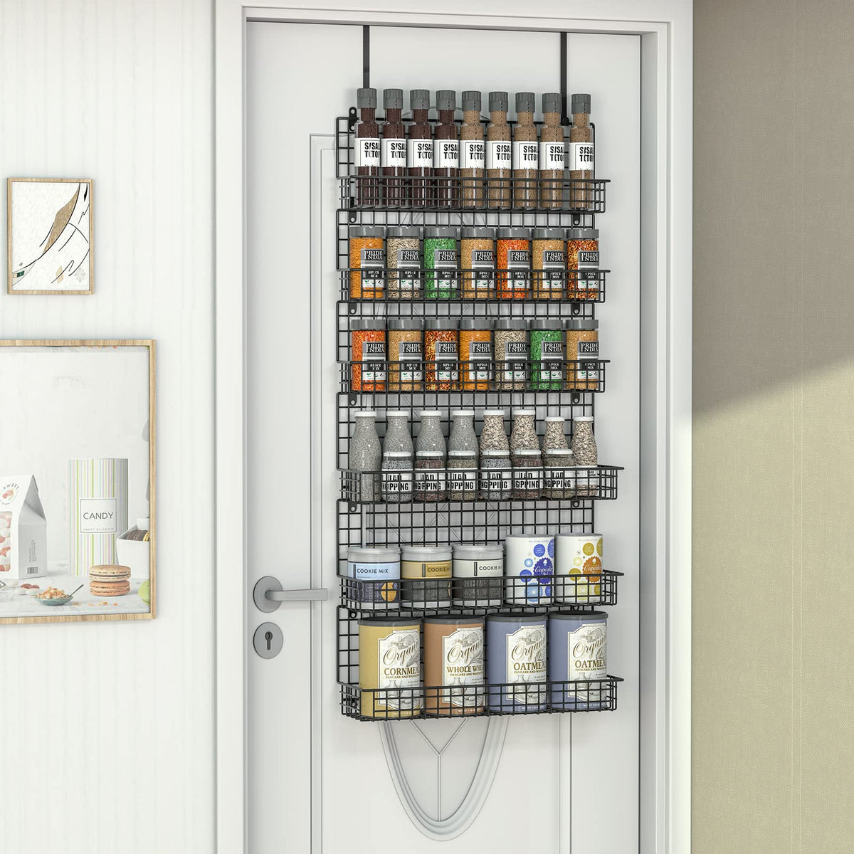 JKsmart spice rack includes hardware for quick installation on wall or door.