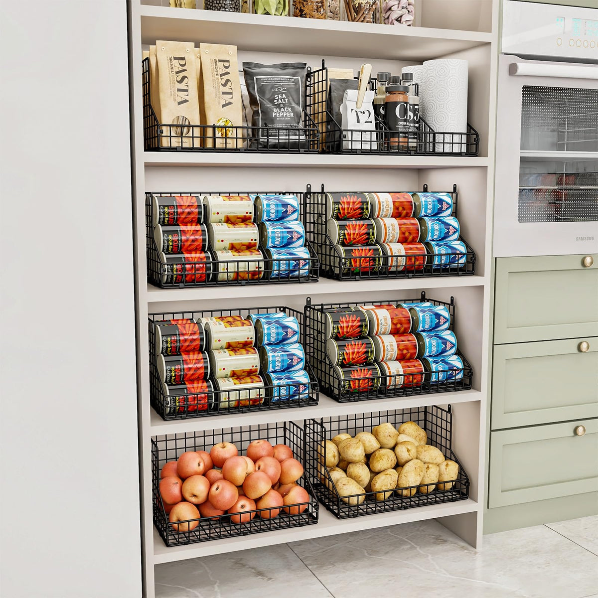 JKsmart two-tier basket filled with cans demonstrates organized storage.