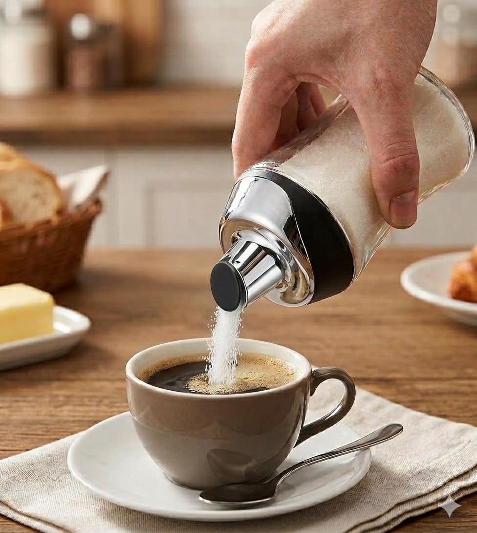 J&M Design sugar dispenser with pour spout for easy measurement.