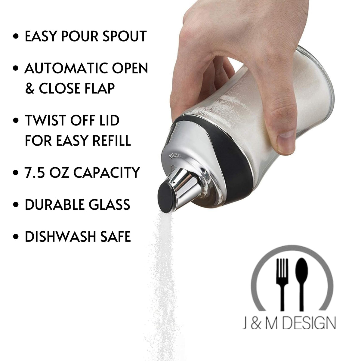 J&M DESIGN sugar dispenser glass body shows contents clearly for quick refills.
