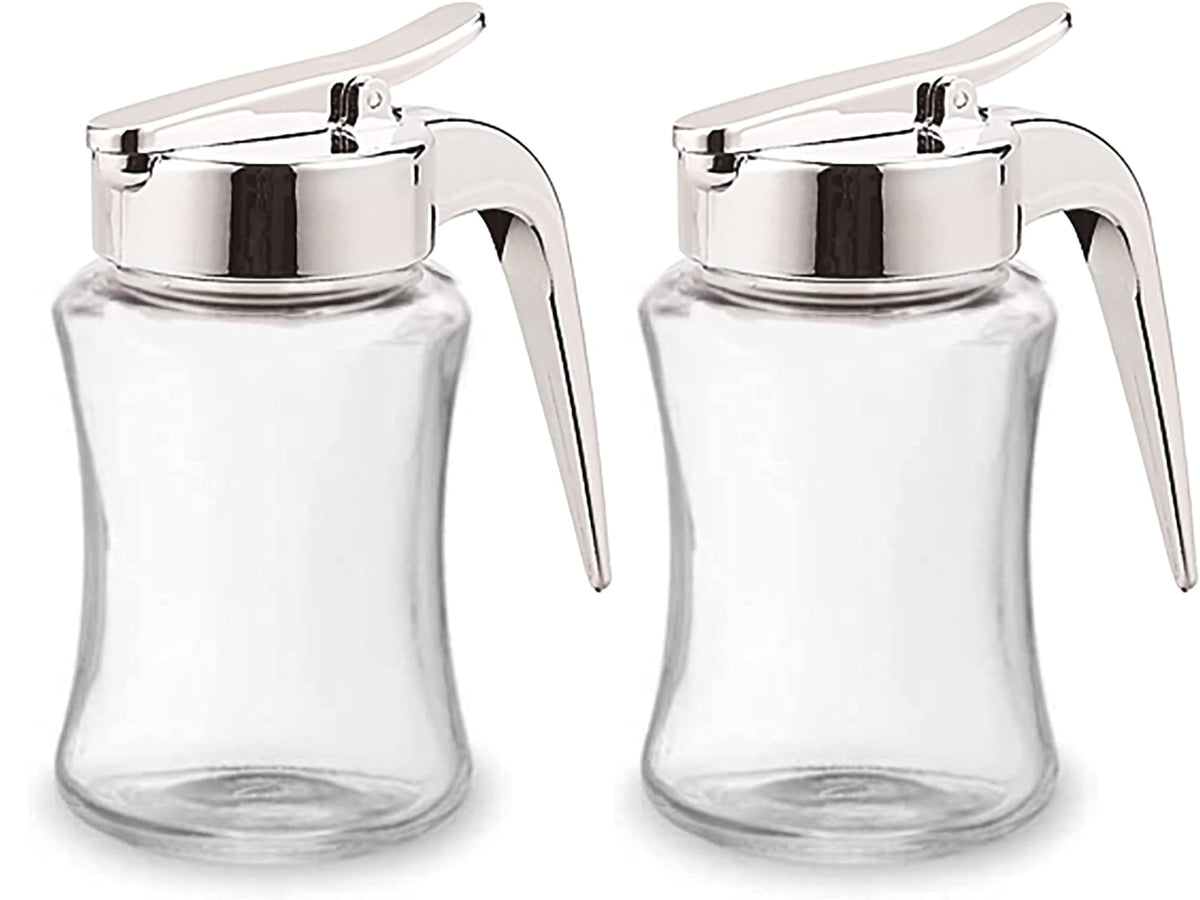 J&M DESIGN glass syrup dispenser with leak-proof cap for drip-free pouring.