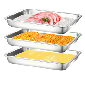 JMUSTTBO breading trays set front view, three durable pans for coating and marinating.