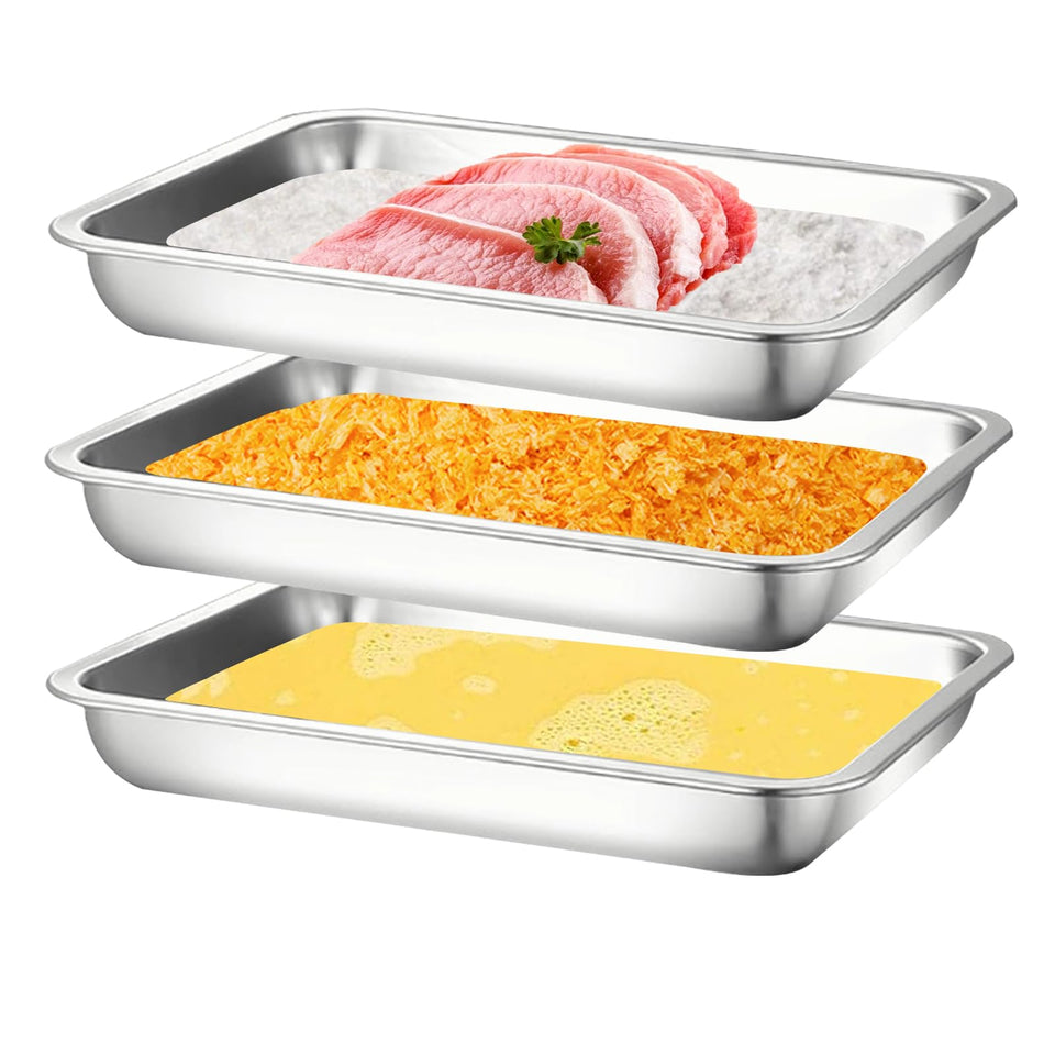 JMUSTTBO breading trays set front view, three durable pans for coating and marinating.
