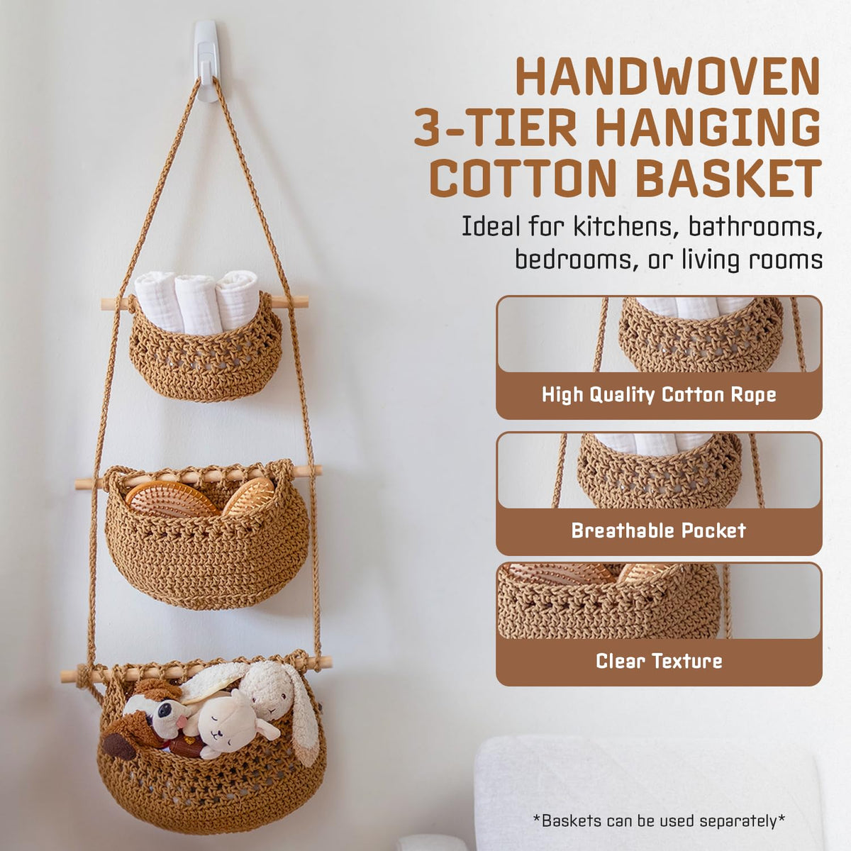 JMZ E Home brown macrame over-the-door organizer keeping counter clutter-free.