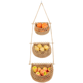 JMZ E Home cotton hanging fruit basket 3-tier shown in brown, ideal for organized kitchen storage.