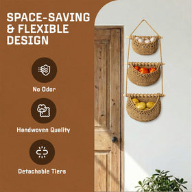 JMZ E Home macrame wall basket close-up with woven texture enhancing room decor.