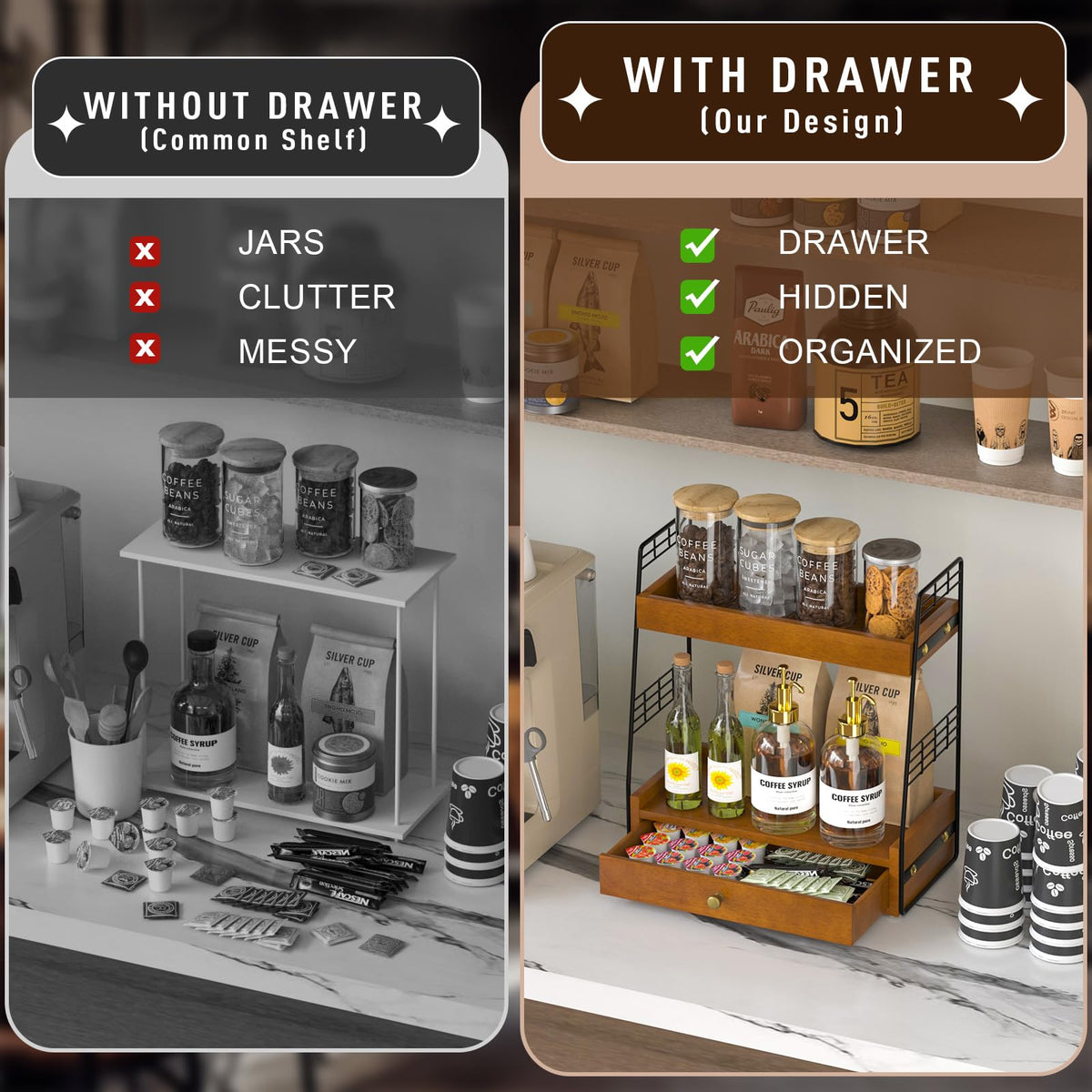 JNFUZ two-tier countertop shelf maximizes space for bottles and mugs