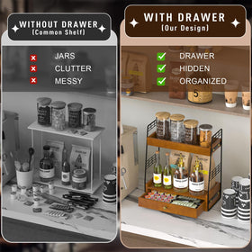 JNFUZ two-tier countertop shelf maximizes space for bottles and mugs