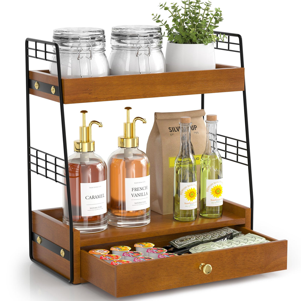 JNFUZ coffee bar station with open tray-top keeps items secure and accessible