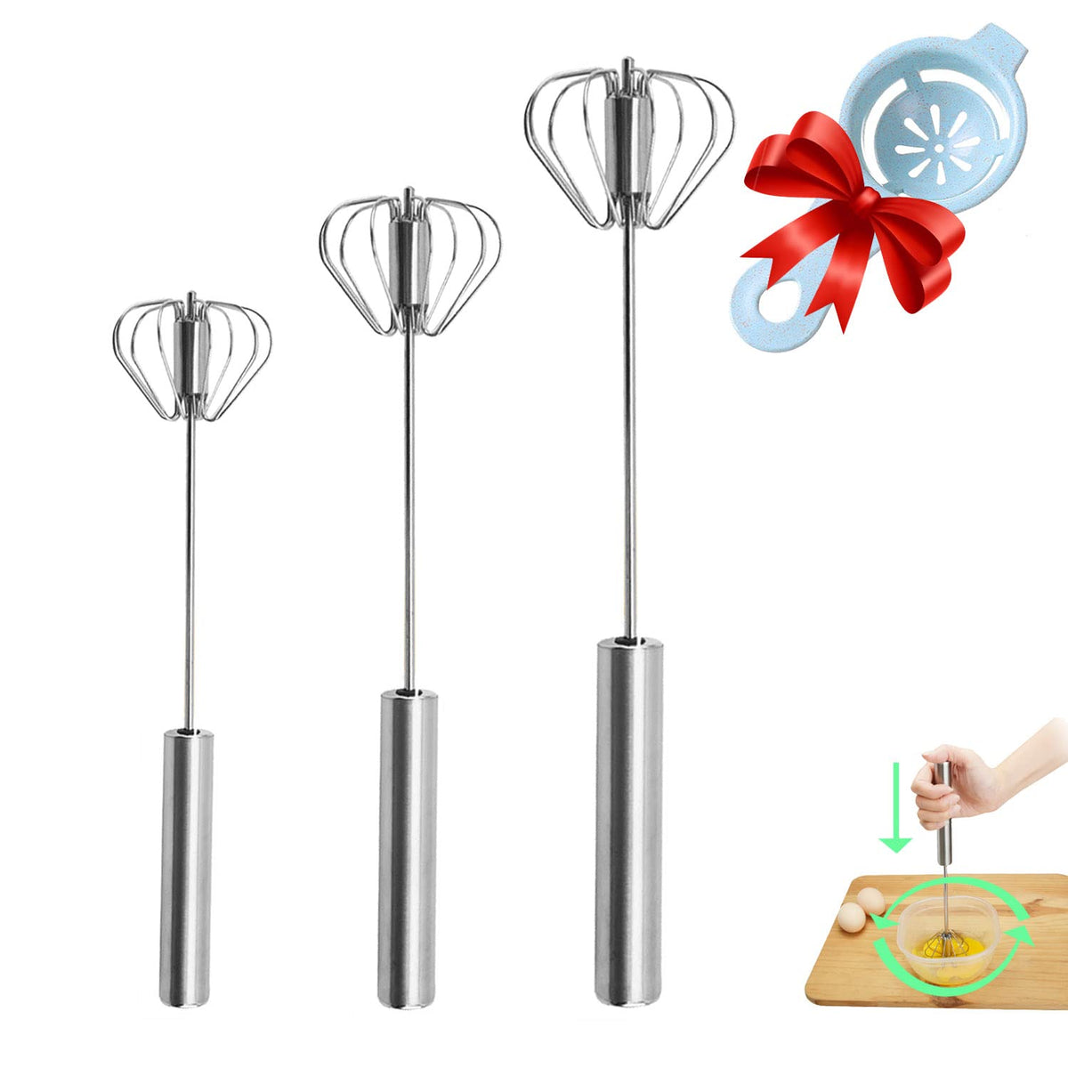 Jninexiu semi-automatic whisk full product in silver, durable stainless steel for versatile mixing.