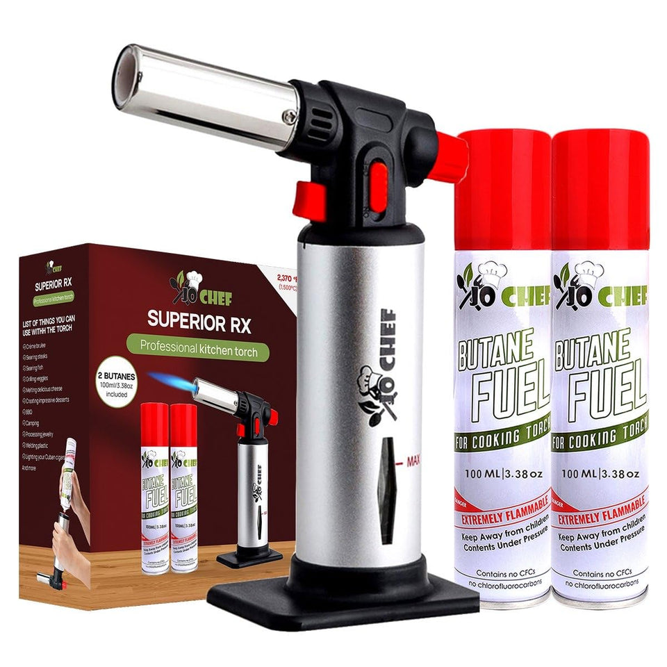 Jo Chef kitchen torch with flame adjustment for precise searing and caramelizing
