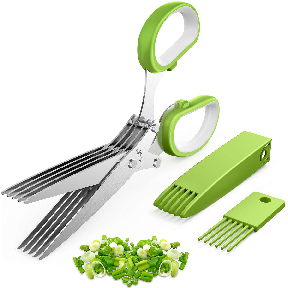 JOFUYU herb scissors with five-blade design for fast herb chopping.