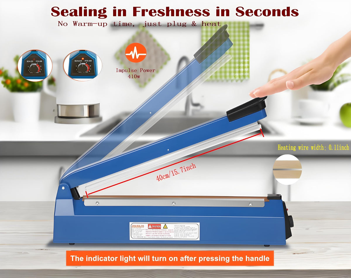 JOANAJO Impulse Sealer indicator light shows readiness for quick sealing.