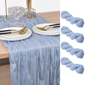 Joanlody blue cheesecloth table runner draped over a table for a soft, romantic look at events