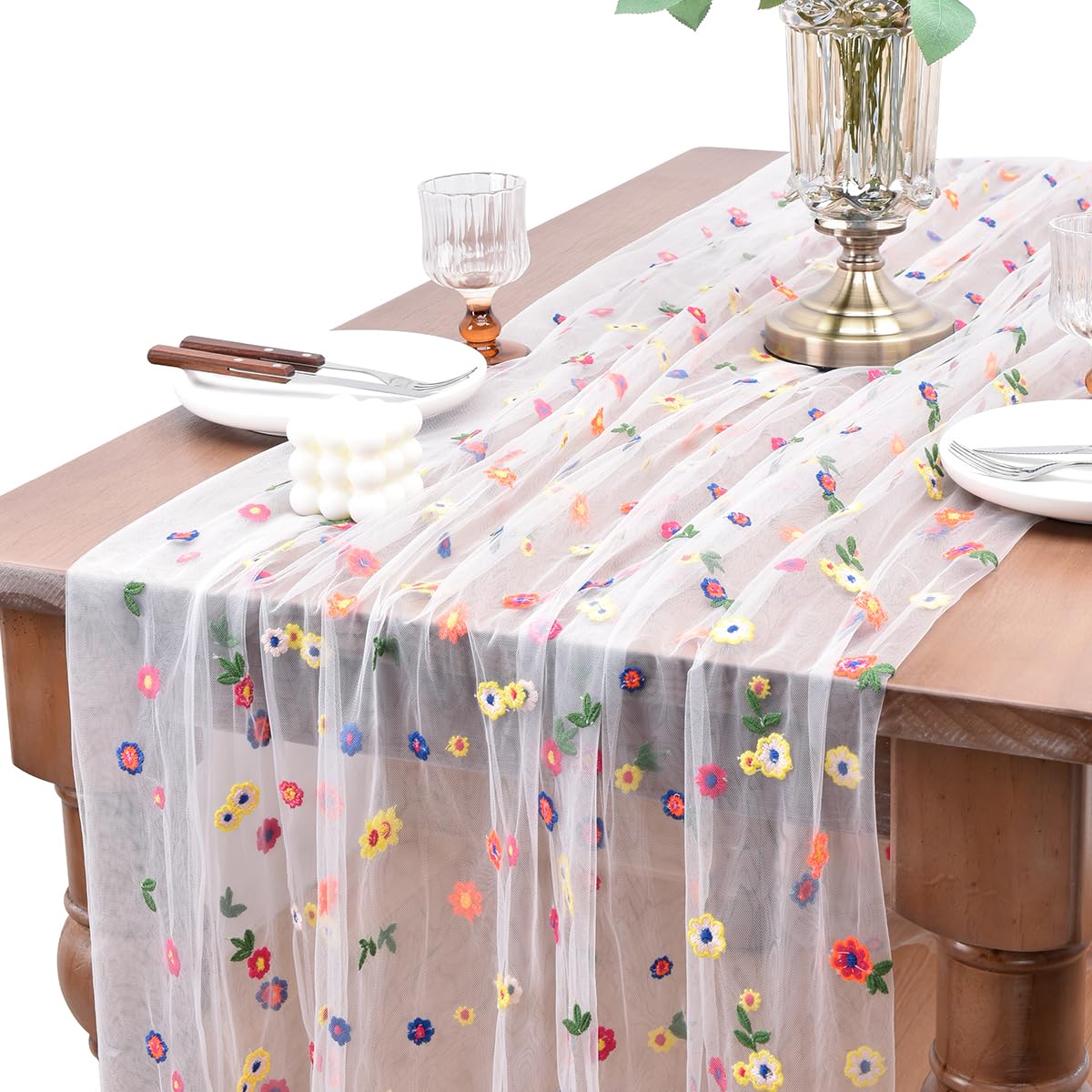 Joanlody ivory daisy embroidery table runner drapes softly for elegant dining