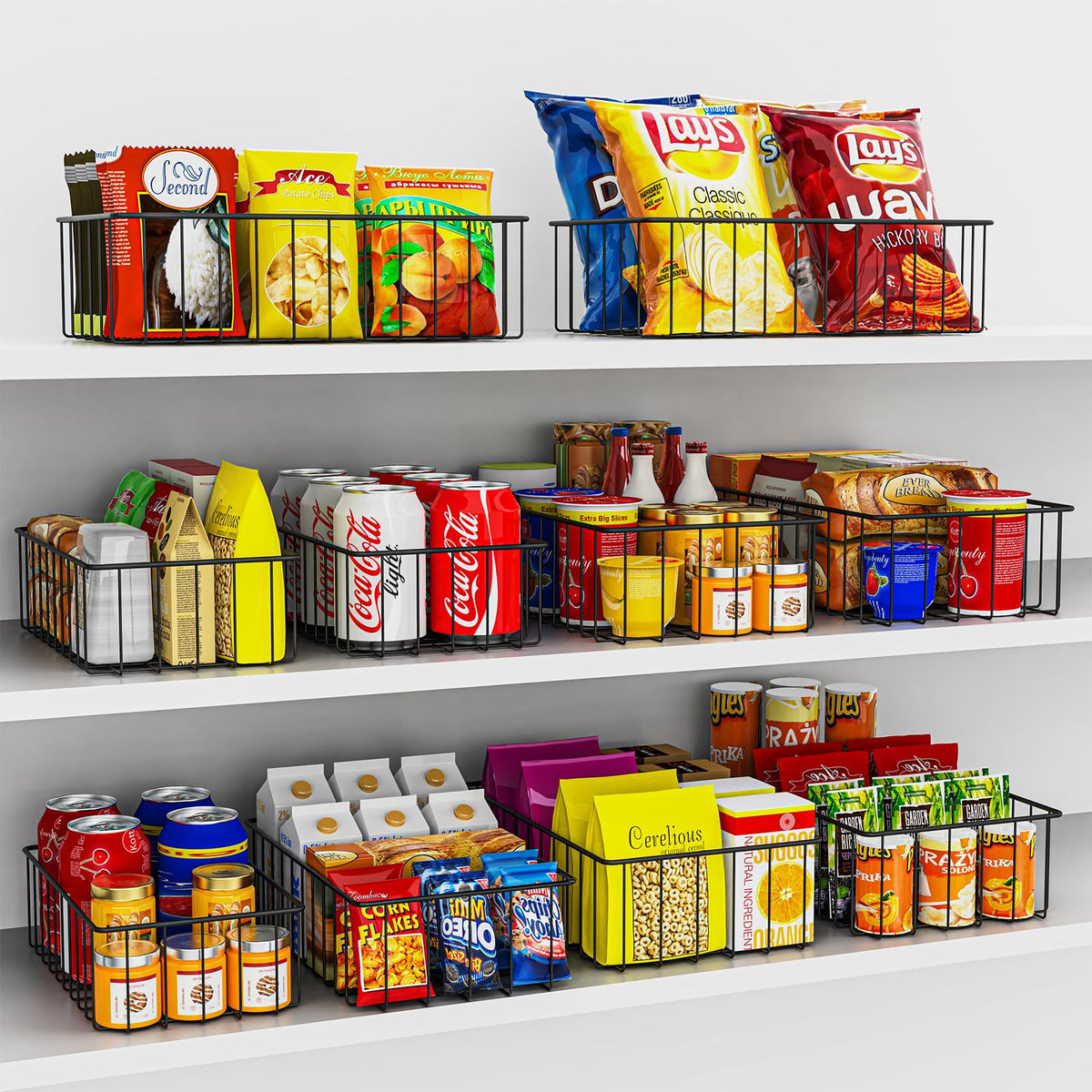 Joben Oligey 12-pack baskets in kitchen pantry for snacks and jars