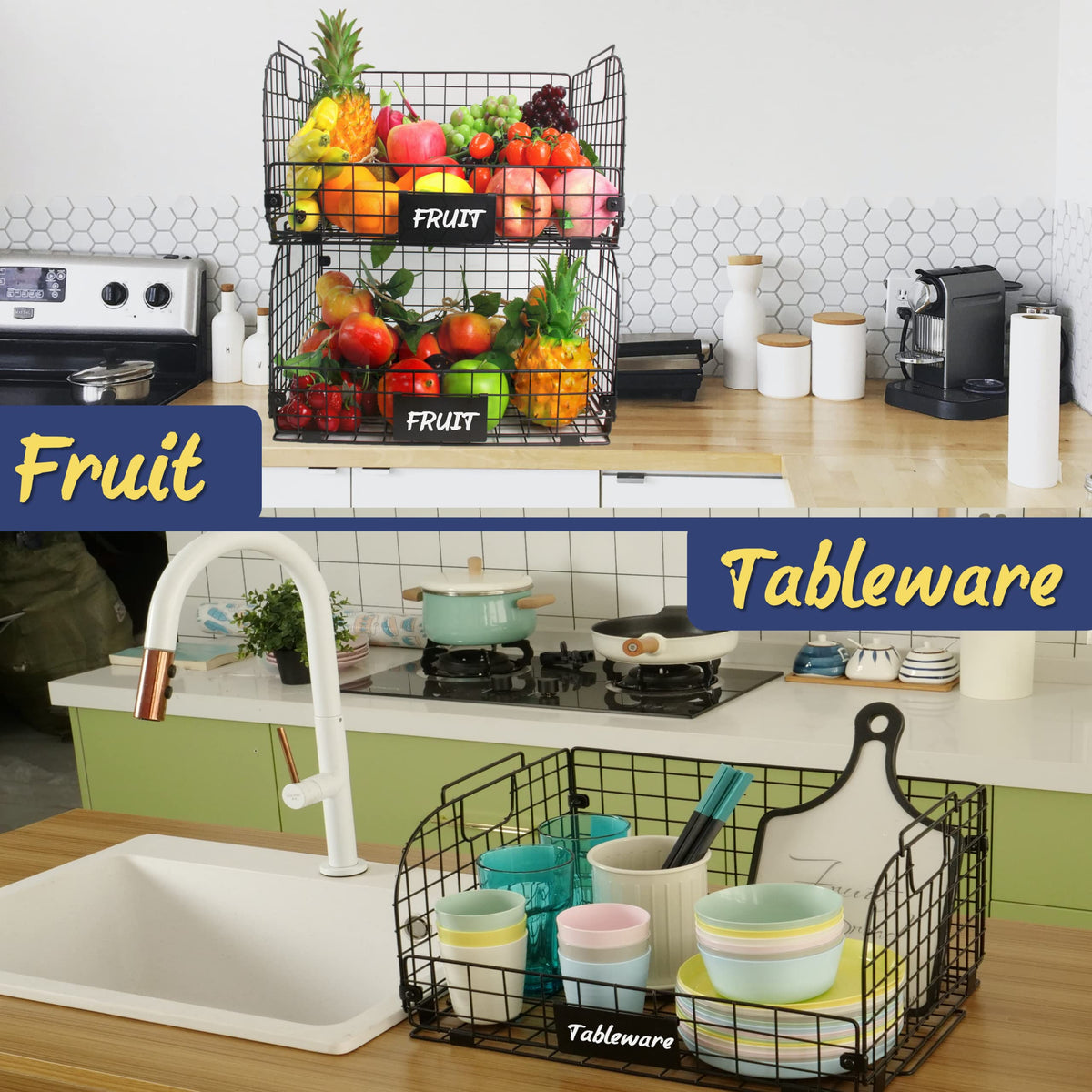 Joben Oligey kitchen cabinet organization basket in use on shelf