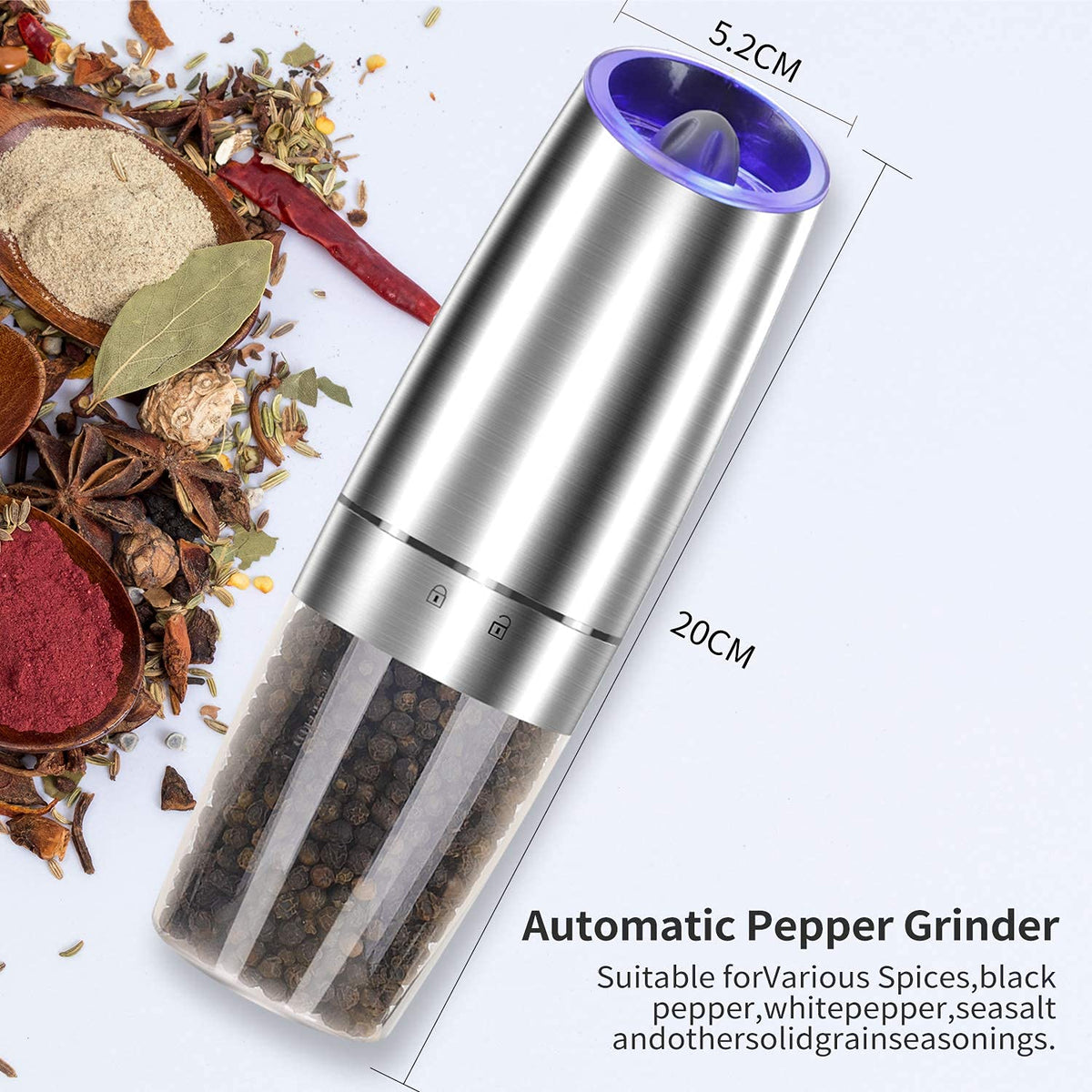 JOBKIM gravity grinder blue LED light turns on during use for precise seasoning.