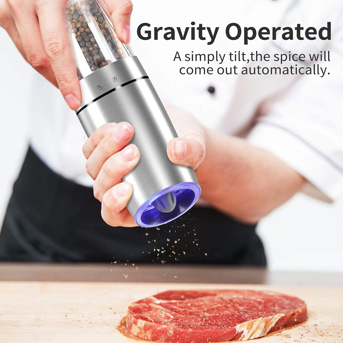 JOBKIM gravity electric grinder with LED light highlights seasoning precisely during meals.