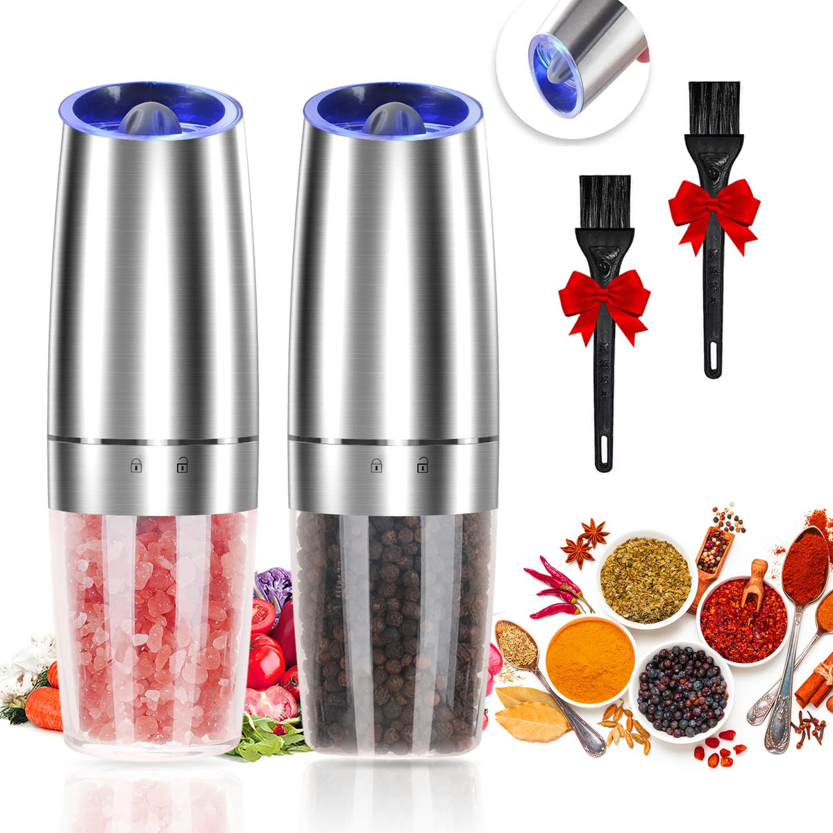 JOBKIM Gravity electric salt and pepper grinder set; sleek silver finish ready for table use.