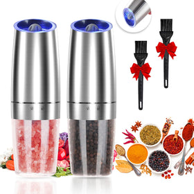 JOBKIM Gravity electric salt and pepper grinder set; sleek silver finish ready for table use.