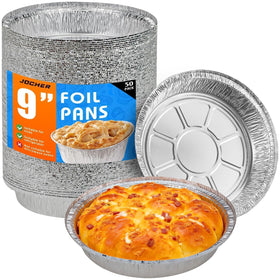 JOCHER 50-pack 9-inch pie pans stacked for easy storage and quick baking.