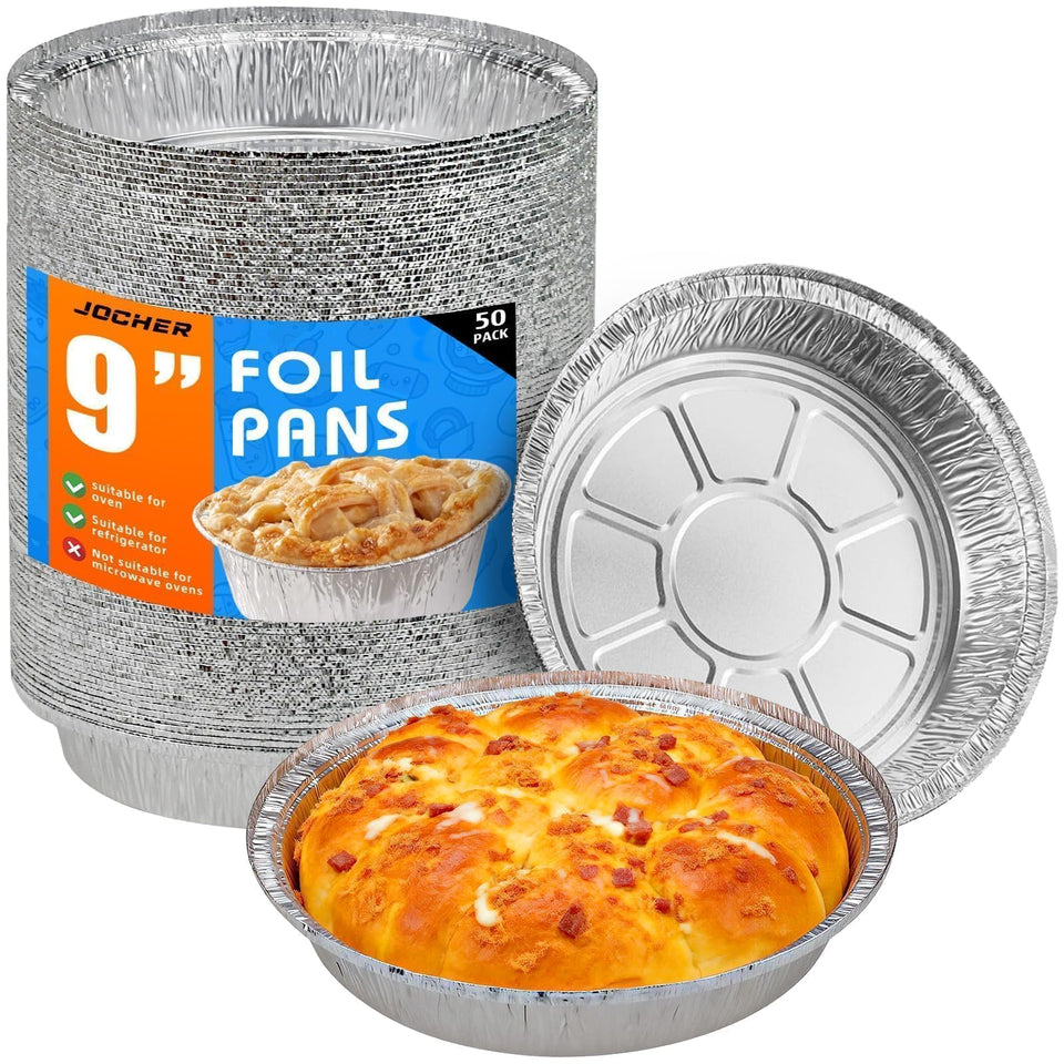 JOCHER 50-pack 9-inch pie pans stacked for easy storage and quick baking.
