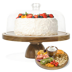 JOCHER acacia wood cake stand with lid on display, showcasing dessert with lid protection