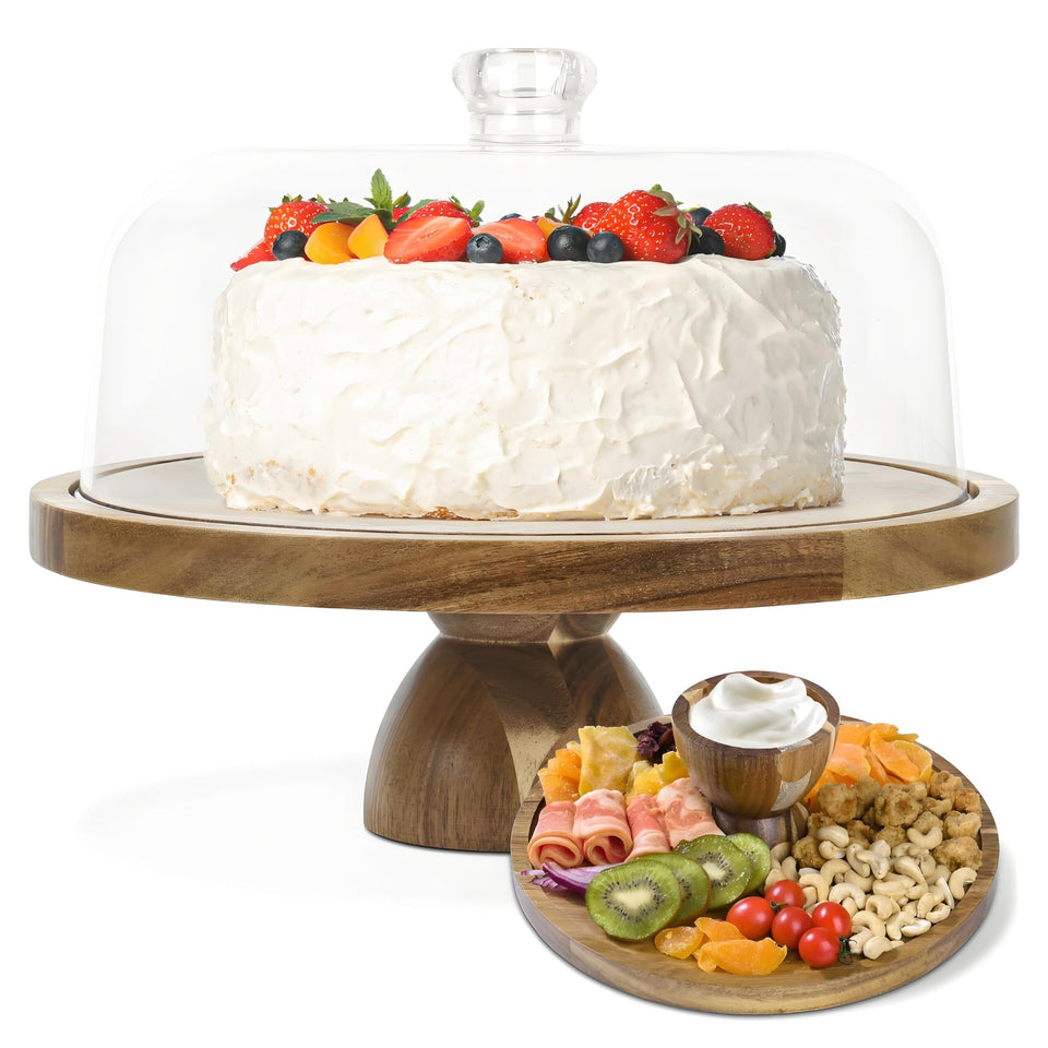 JOCHER acacia wood cake stand with lid on display, showcasing dessert with lid protection