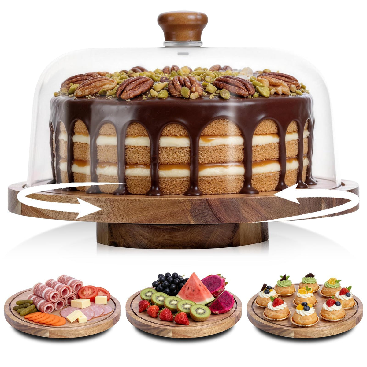 JOCHER Acacia wood cake stand with lid showcases natural grain and sturdy build.
