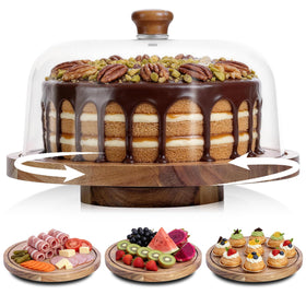 JOCHER Acacia wood cake stand with lid showcases natural grain and sturdy build.