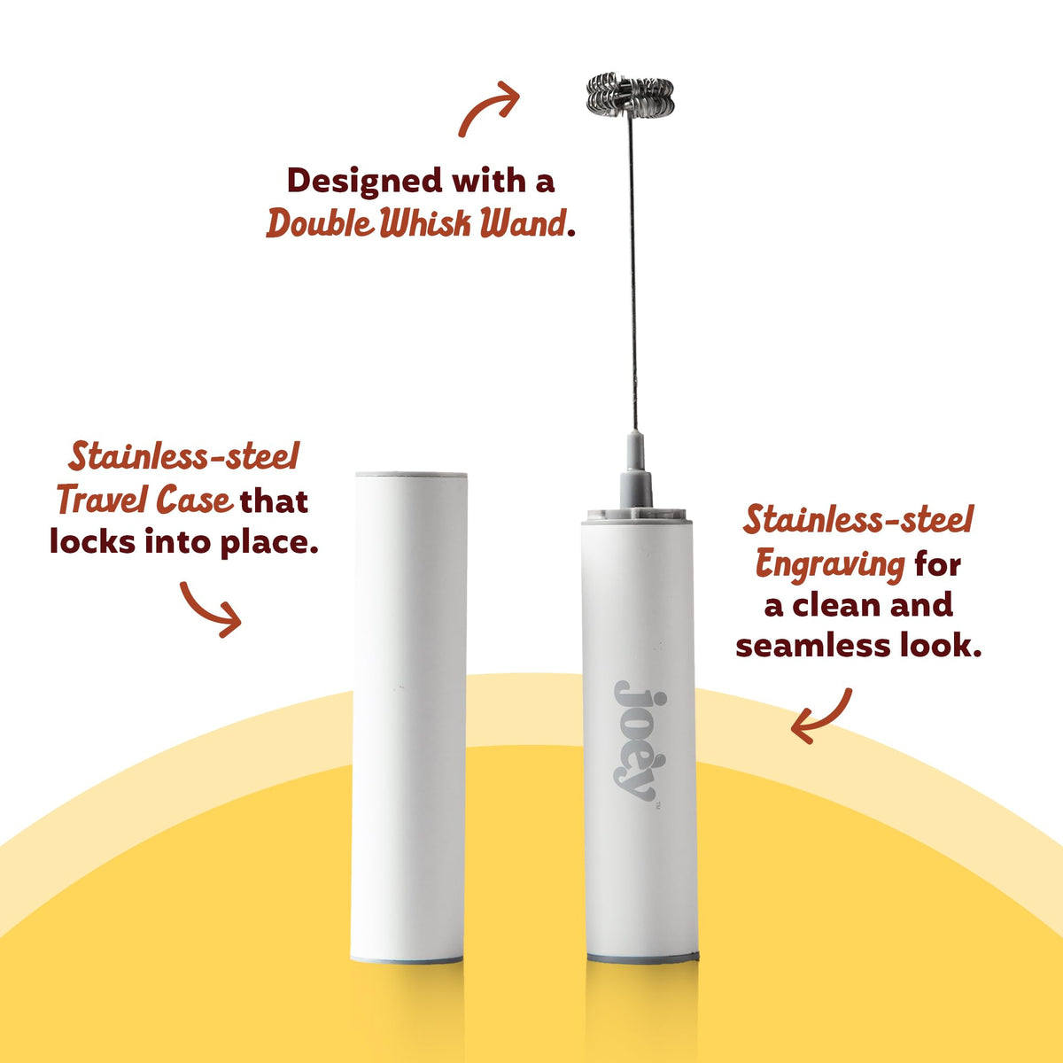 Joey Electric Milk Frother with double whisk delivers smooth blending.