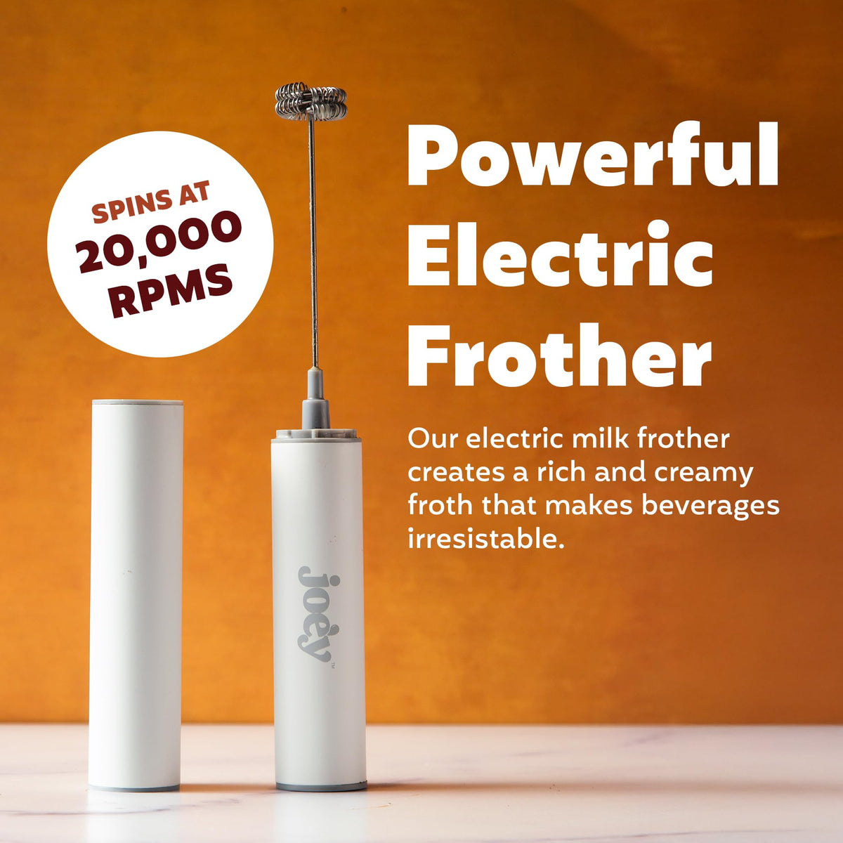 Joey Electric Milk Frother foam close-up reveals creamy microfoam for lattes.