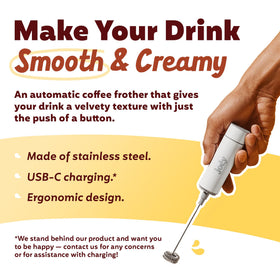 Joey Electric Milk Frother USB charging enables cordless frothing anywhere.