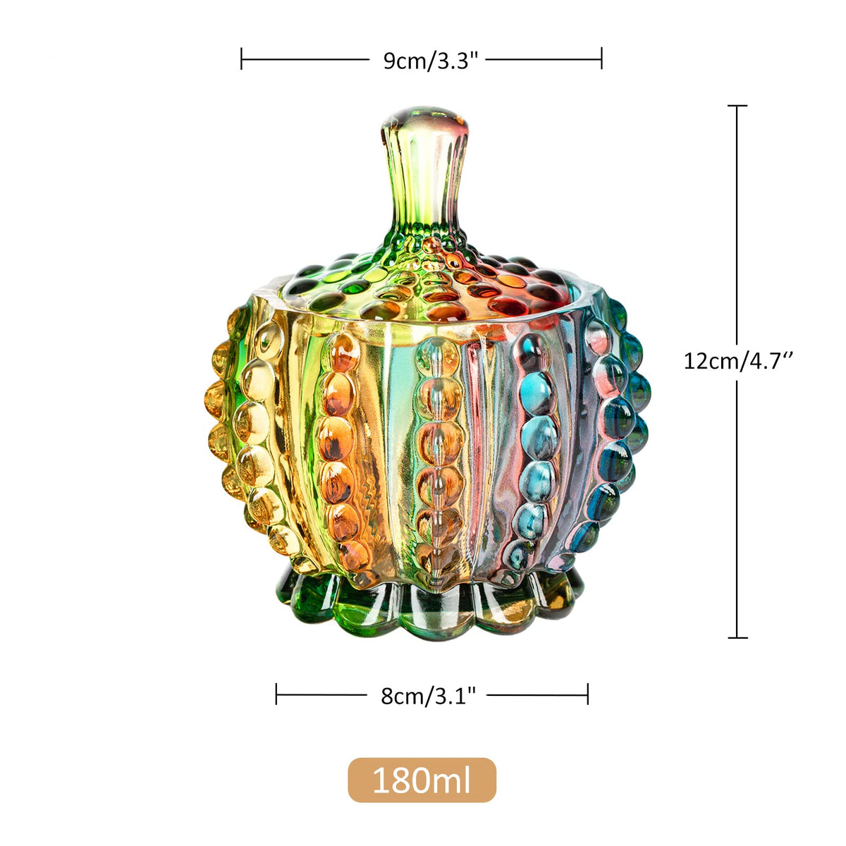 Joeyan colorful embossed glass jar with lid, close-up highlights faceted cuts.
