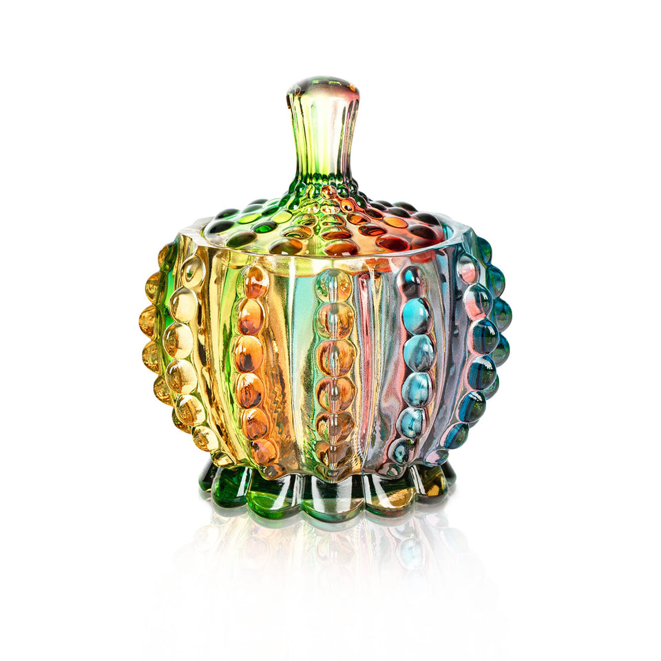Joeyan colorful embossed glass jar with lid, front view for elegant table décor.