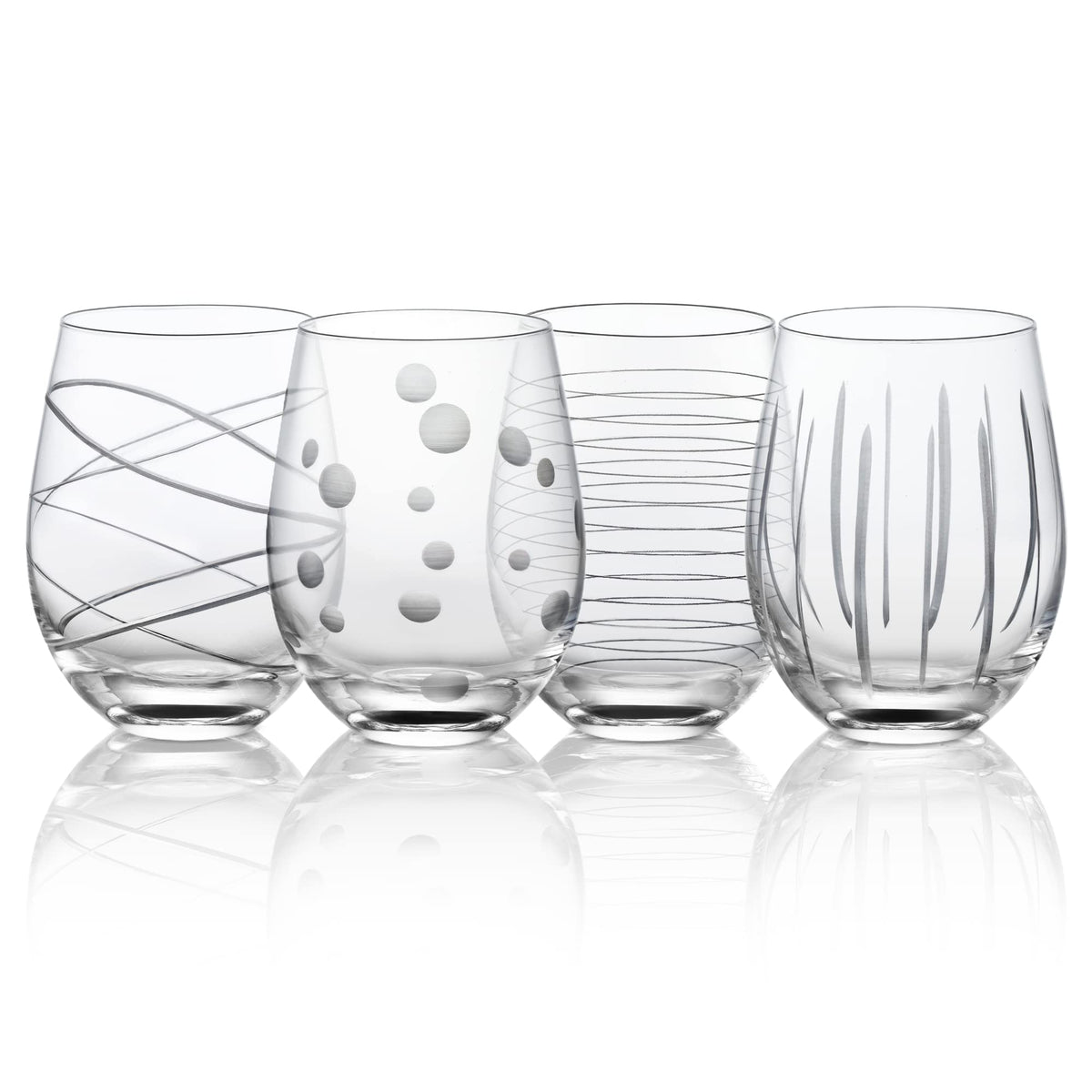 Joeyan hand blown etched stemless wine glass with dots and strips pattern, ideal for elegant entertaining