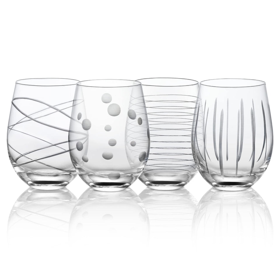 Joeyan hand blown etched stemless wine glass with dots and strips pattern, ideal for elegant entertaining