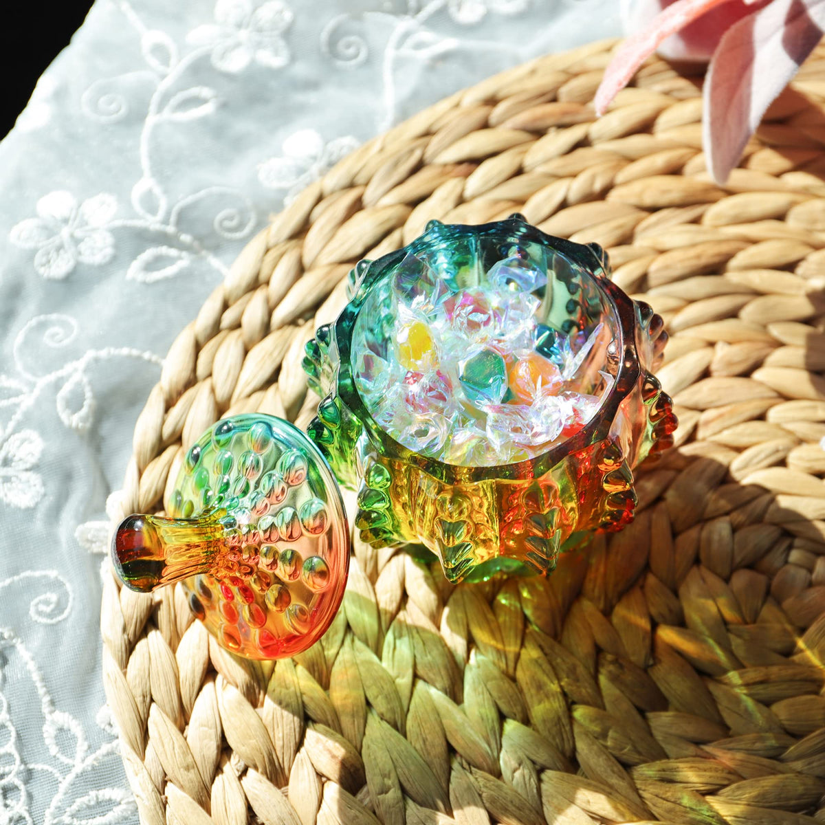 Joeyan wedding decor glass jar with lid adds sparkle to reception tables.