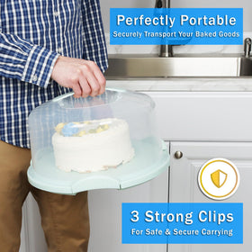 JOEY'Z clear dome cake container shows cake inside with green latches.