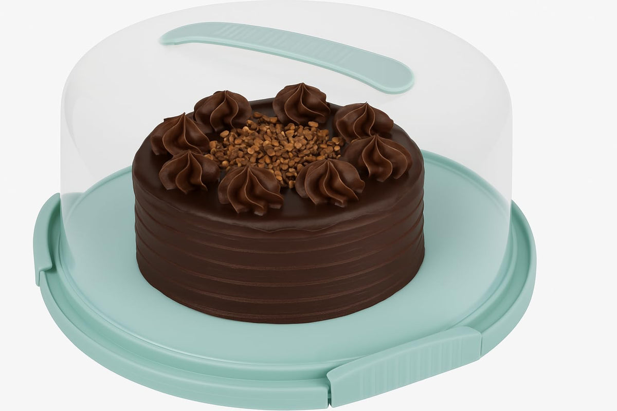 JOEY'Z compact green cake storage keeps kitchen organized.