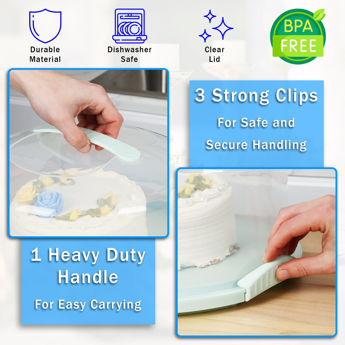 JOEY'Z transportable cake carrier with ergonomic handle for easy carrying.