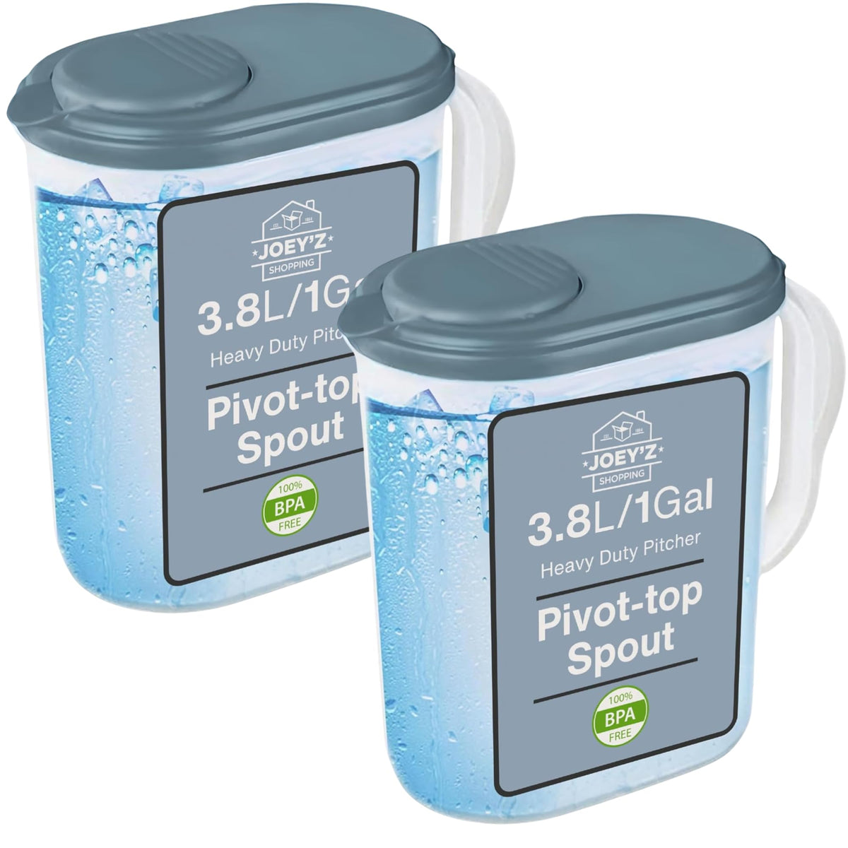 Joey'z 2-pack water pitcher with lid and pivot top spout for spill-free pouring.