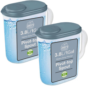 Joey'z 2-pack water pitcher with lid and pivot top spout for spill-free pouring.