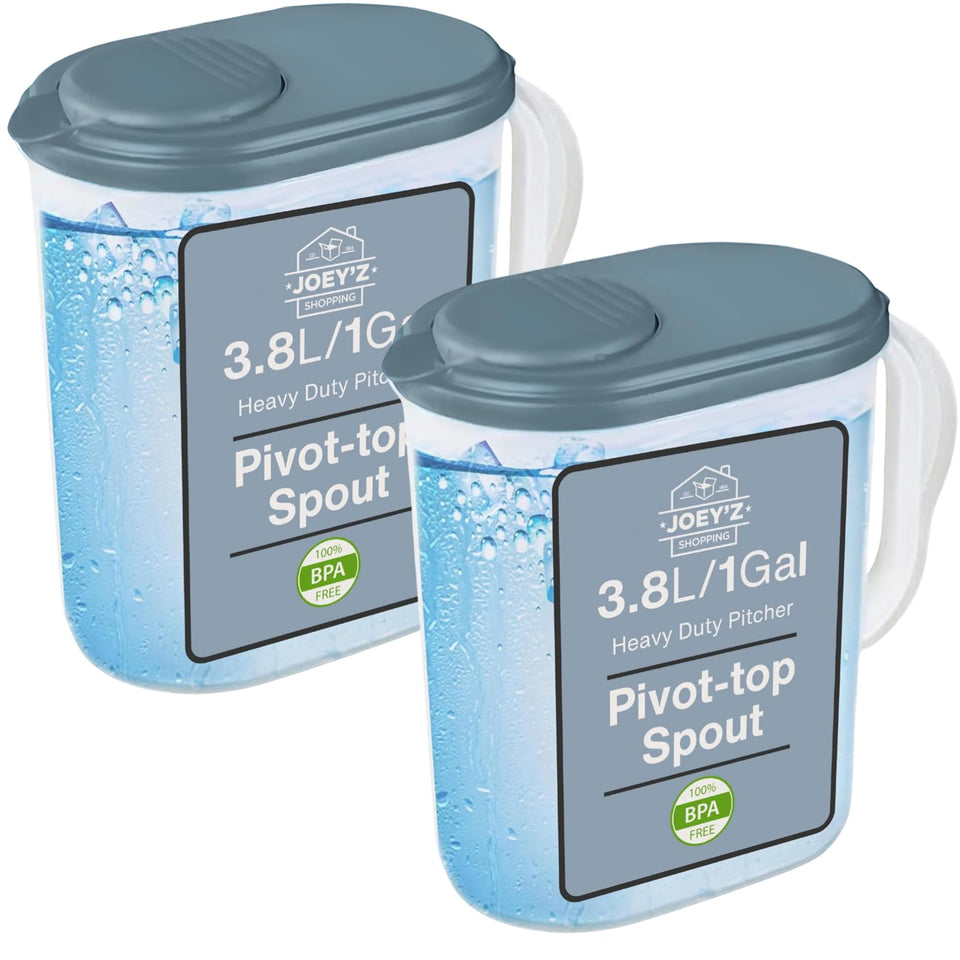 Joey'z 2-pack water pitcher with lid and pivot top spout for spill-free pouring.