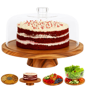 JOEY'Z 6-in-1 cake stand with lid, side view, sturdy acacia base for daily use.