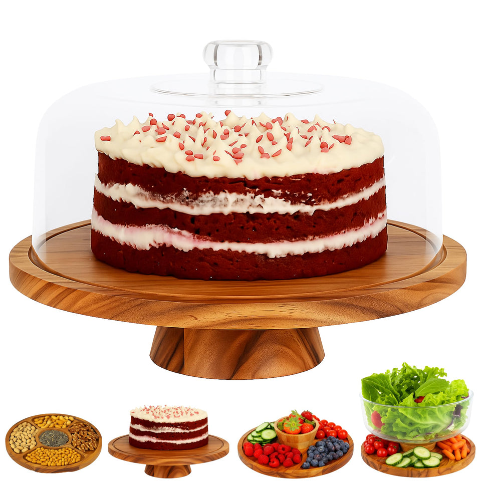 JOEY'Z 6-in-1 cake stand with lid, side view, sturdy acacia base for daily use.