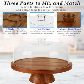 Joey'z 6-in-1 cake stand side view; large acacia tray fits big cakes.