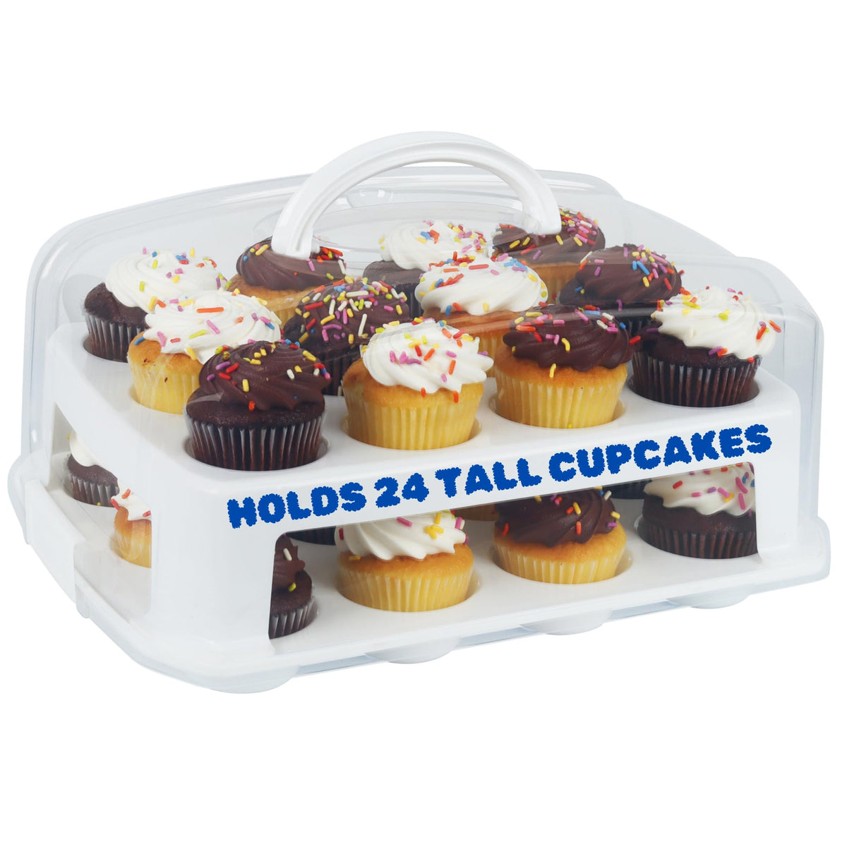Joey'z extra tall cupcake carrier with lid securely holding 24 tall cupcakes
