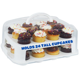 Joey'z extra tall cupcake carrier with lid securely holding 24 tall cupcakes
